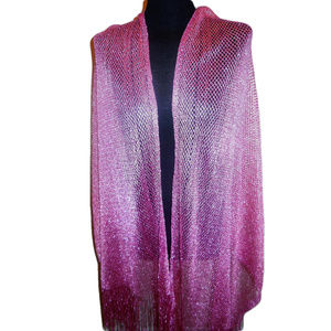 Vintage Shawl Pink Metallic Lurex Long Fringed Fishnet Scarf special occasion